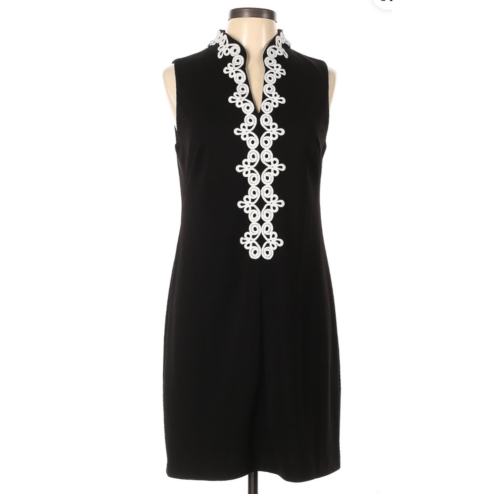 Vince Camuto Black Mandarin Collar Sleeveless Preppy Shift Dress 10 Old Money
